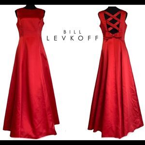 BILL Levkoff Red satin crisscross bow back prom wedding bridesmaid gown dress🔥
